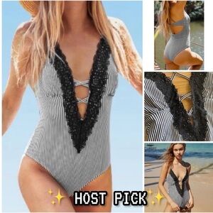 CUPSHE🖤 Deep Plunge Striped & Lace One Piece
